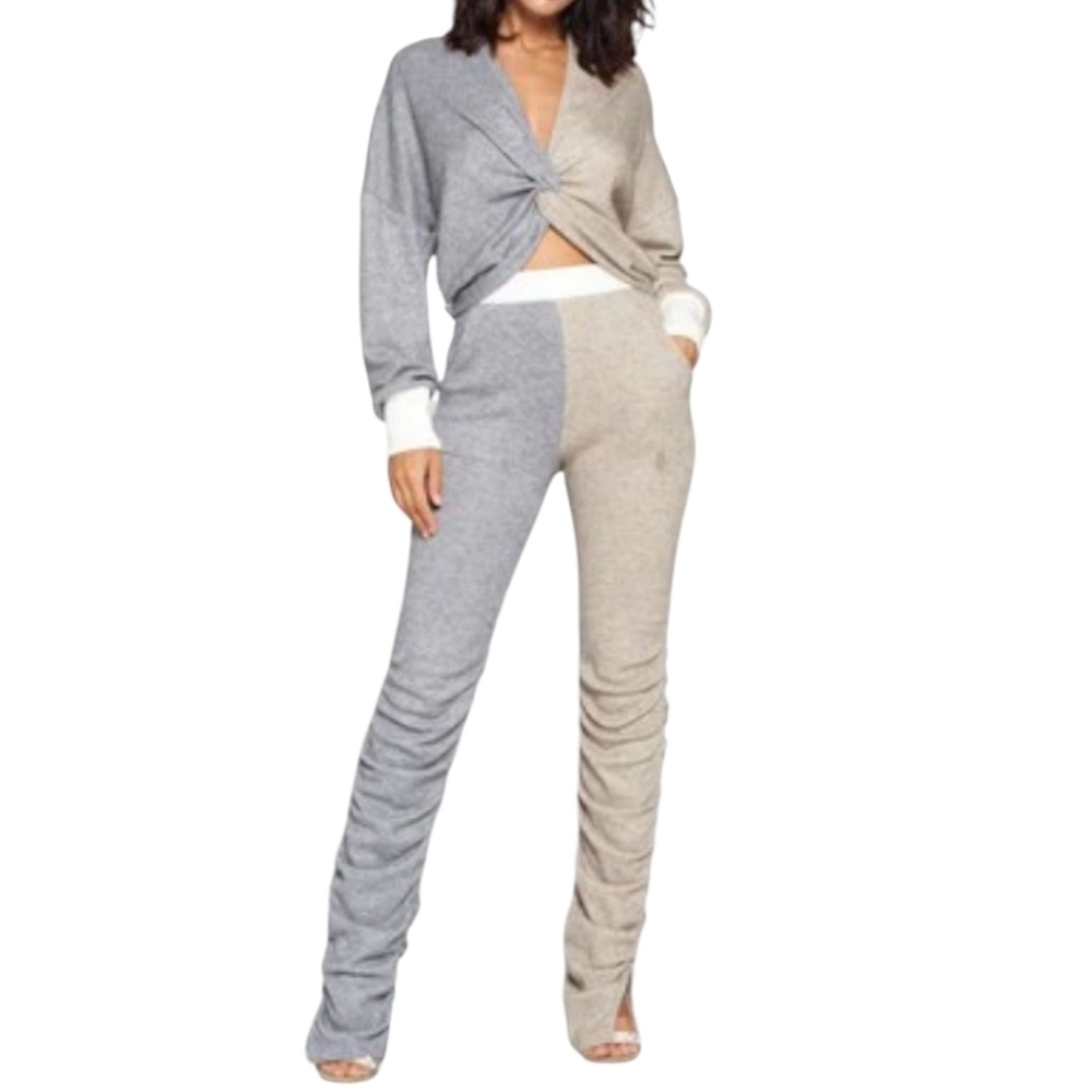 Two-Tone Gray and Tan Twist Front Ruched Pant Set